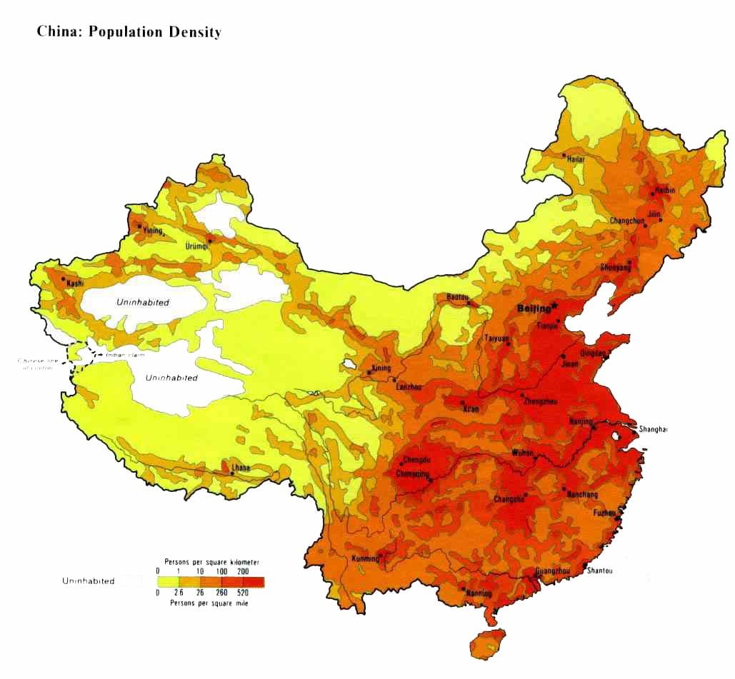 densitat de població de la Xina mapa