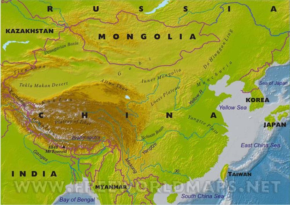 mapa de la Xina amb característiques geogràfiques