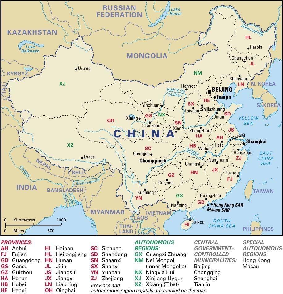 mapa de la Xina províncies i capitals