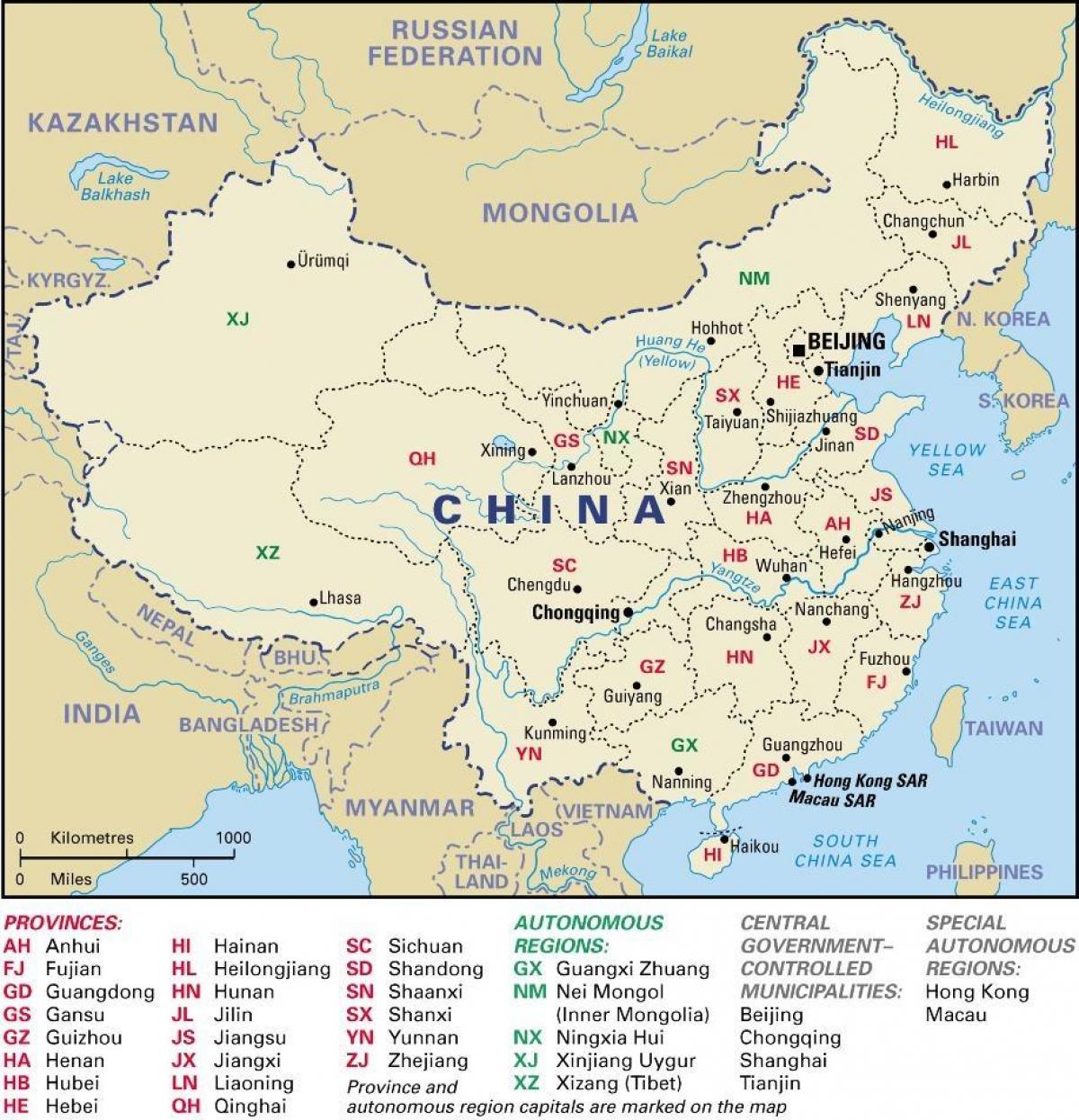 mapa de la Xina províncies i capitals